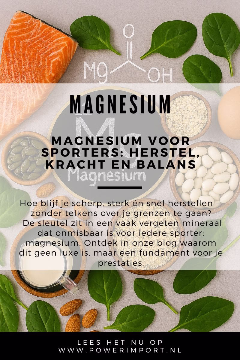 Afbeelding van de chemische structuur van magnesium, omringd door natuurlijke voedingsbronnen zoals noten, zaden, groene bladgroenten en vis – visueel weergegeven als rijke bron van magnesium voor sporters.
